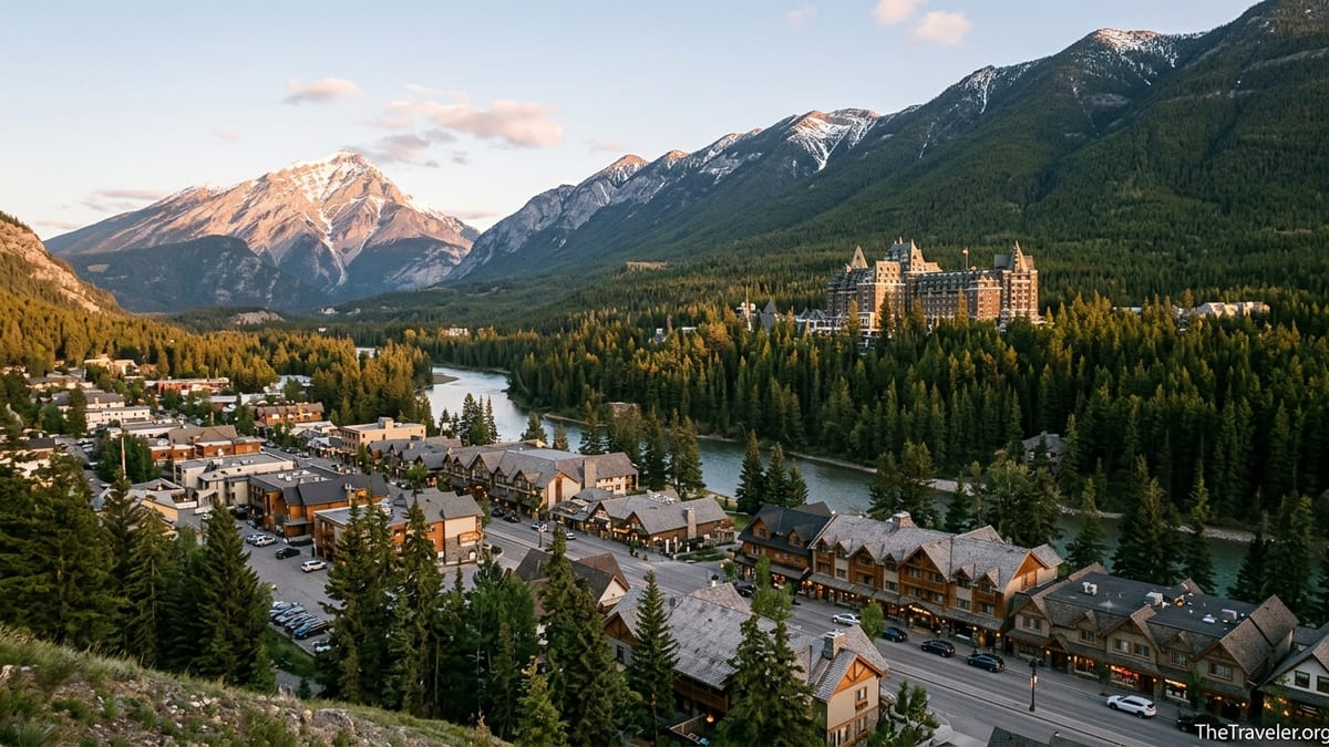 Banff hotels and lodges beneath the Rocky Mountains at golden hour.