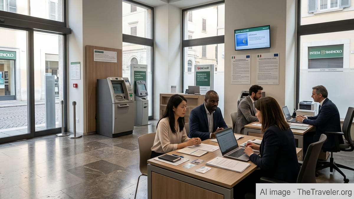 Foreign residents speaking with Italian bank advisors inside a modern bank branch in Italy.