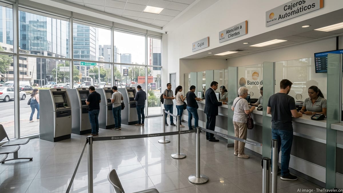 Interior of a modern Mexican bank with customers using tellers and ATMs.
