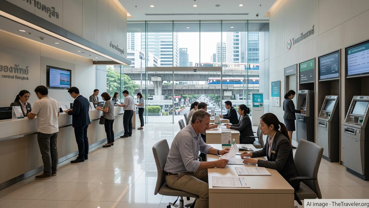 Expats and Thai staff inside a modern Bangkok bank branch discussing account options.