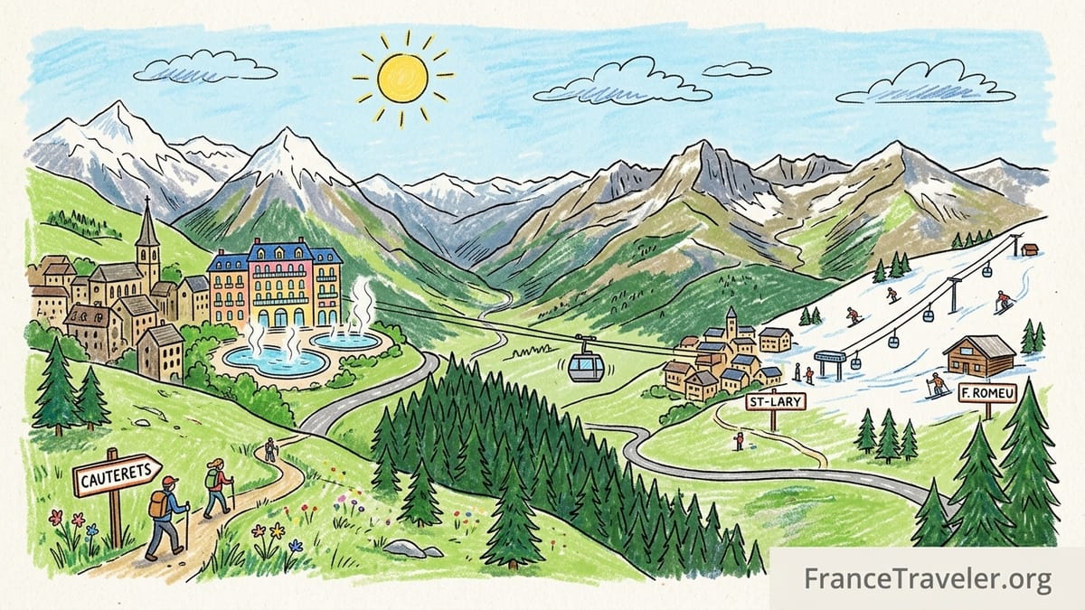 Mountain valley near Cauterets in the French Pyrenees with village and hiking trail at sunset.