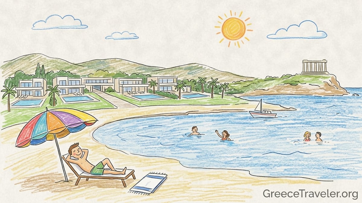 Golden-hour view of an Athens Riviera beach resort pool leading to an organized sandy beach on calm Saronic Gulf waters.