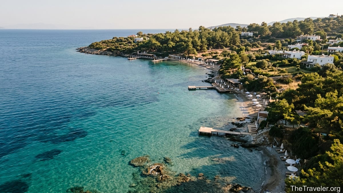 Aegean Turkish bay with turquoise water, small beach jetties and pine-covered hills at golden hour.