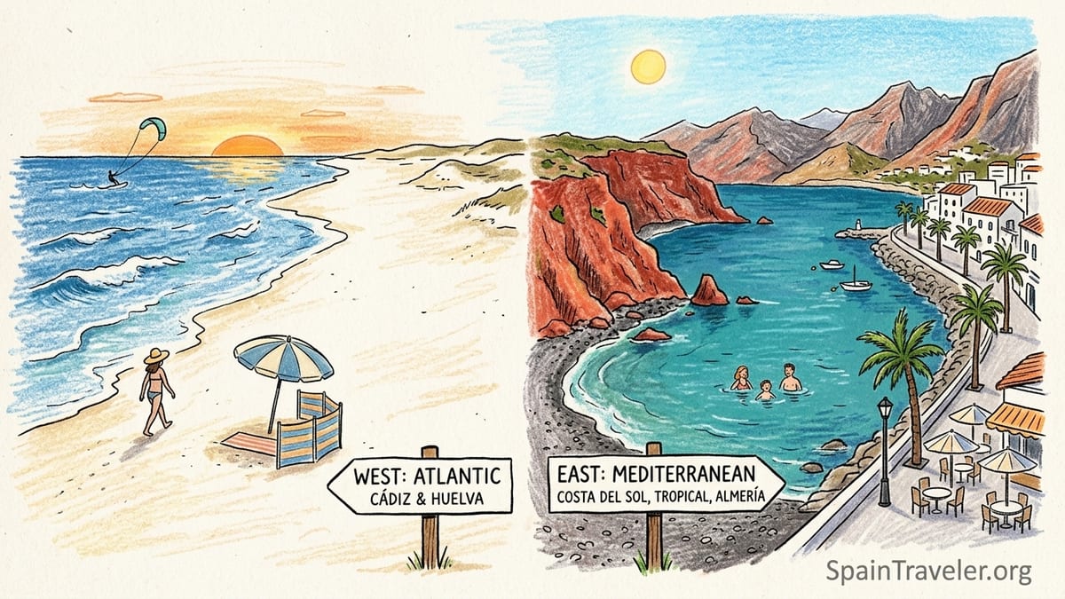 View over La Herradura bay on Spain’s Costa Tropical with calm water, dark sand beach and surrounding hills at golden hour.