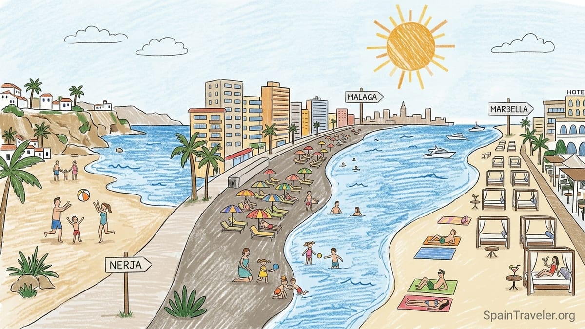 Evening view of a Costa del Sol beach with promenade, palm trees and chiringuitos.