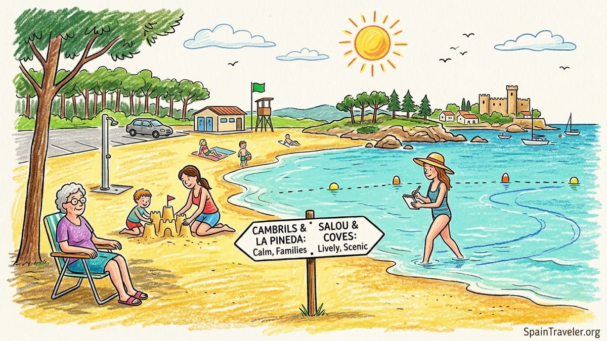 Calm Costa Dorada beach with golden sand, shallow water and a palm-lined promenade at sunset.