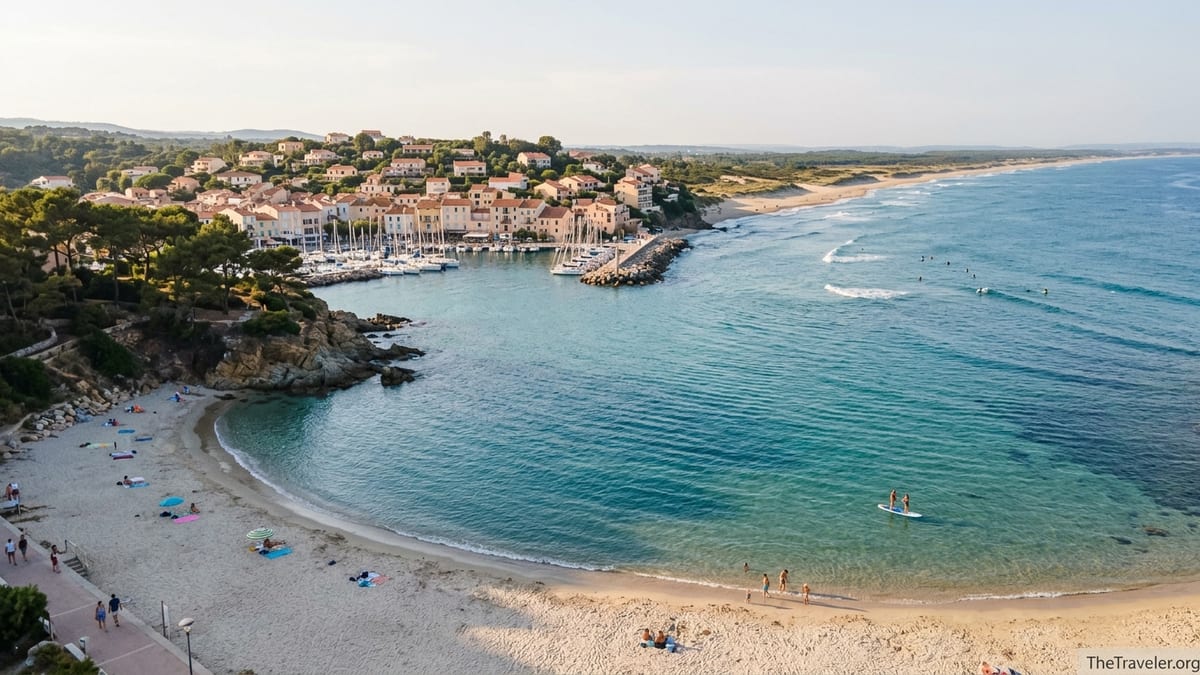Aerial view of a French coastal town with sandy beaches, rocky coves and surfers on gentle waves.