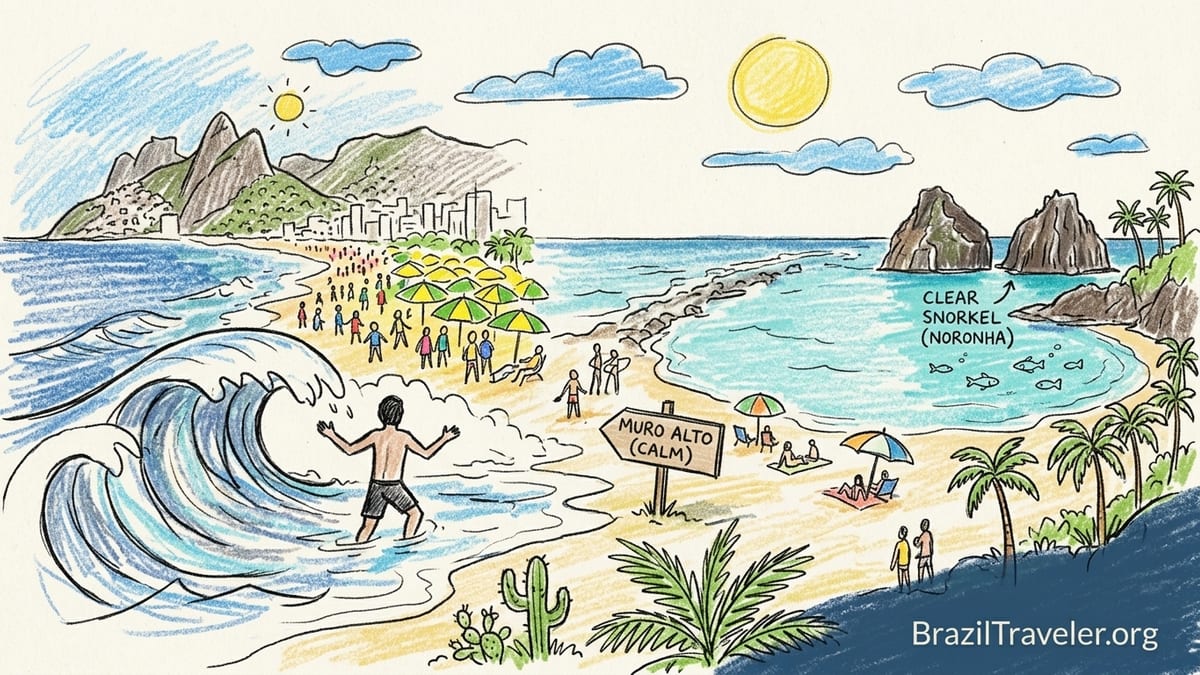 Swimmers wading into clear Brazilian coastal water near sunset with beach umbrellas in the background.