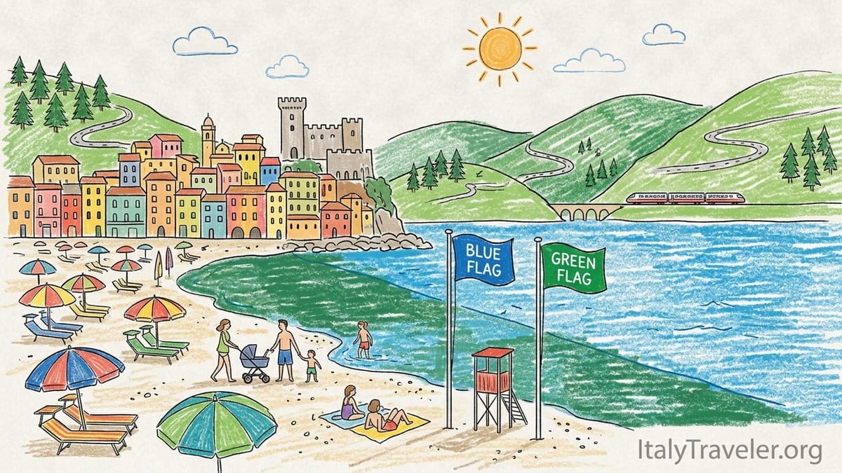 Families on a sandy Ligurian beach with umbrellas, pastel houses and hills rising behind the bay.
