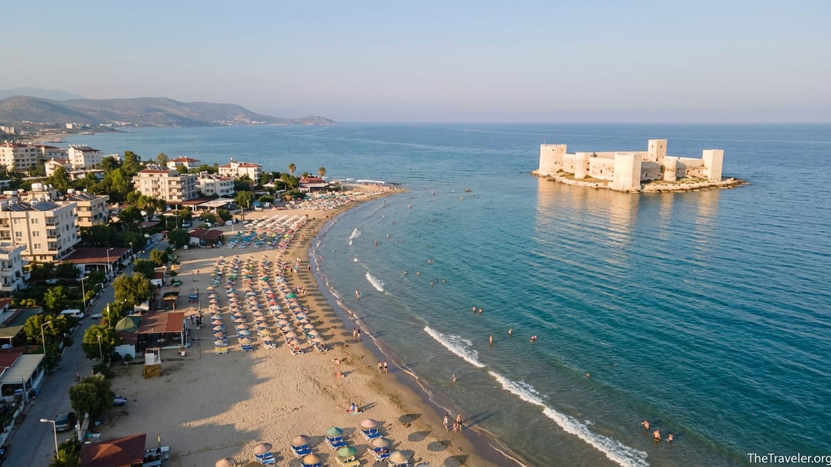 Aerial view of Kızkalesi beach with island castle and sandy shoreline on Turkey’s Mediterranean coast.