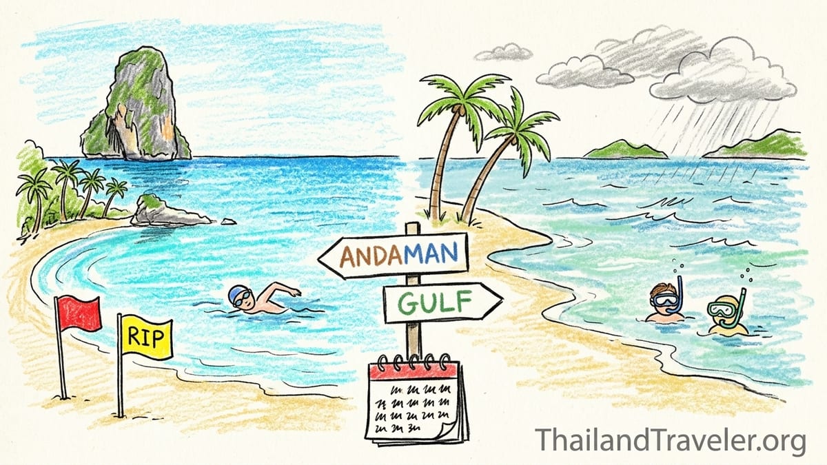 Early morning swim view on a South Thailand beach with clear turquoise water and distant longtail boats.