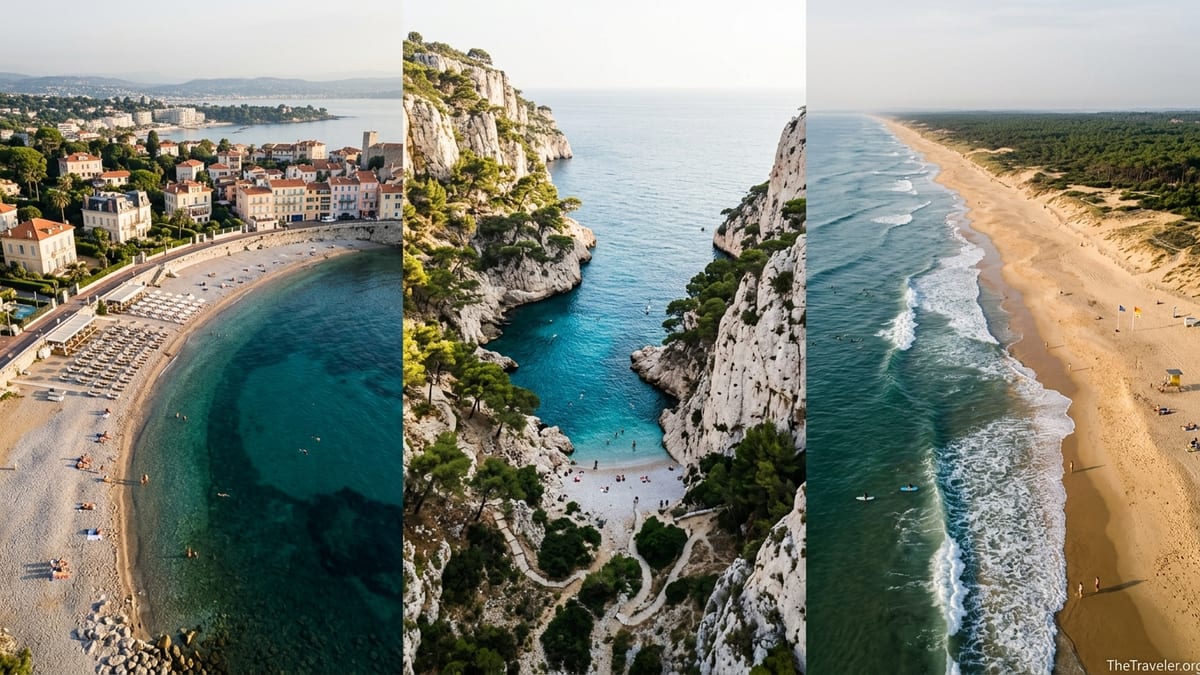 Aerial view of Riviera town beach, rocky Calanque cove and wide Atlantic surf beach in southern France.