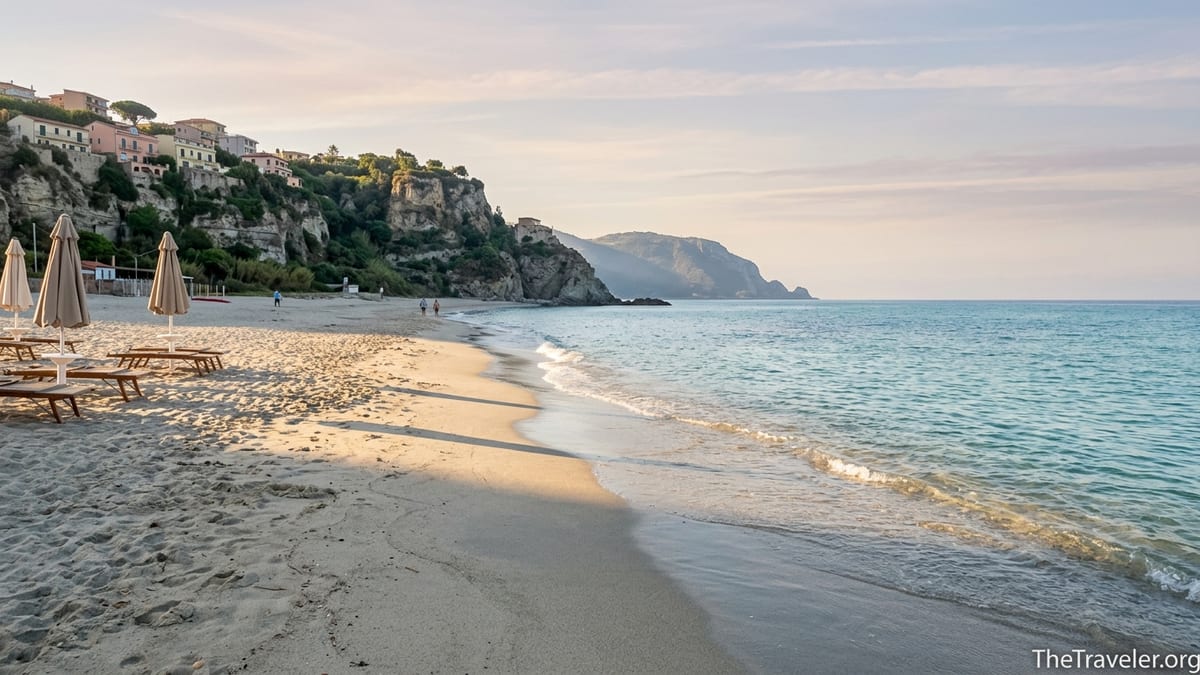Quiet sandy beach near Tropea at sunrise with turquoise water and cliffs in Southern Italy.
