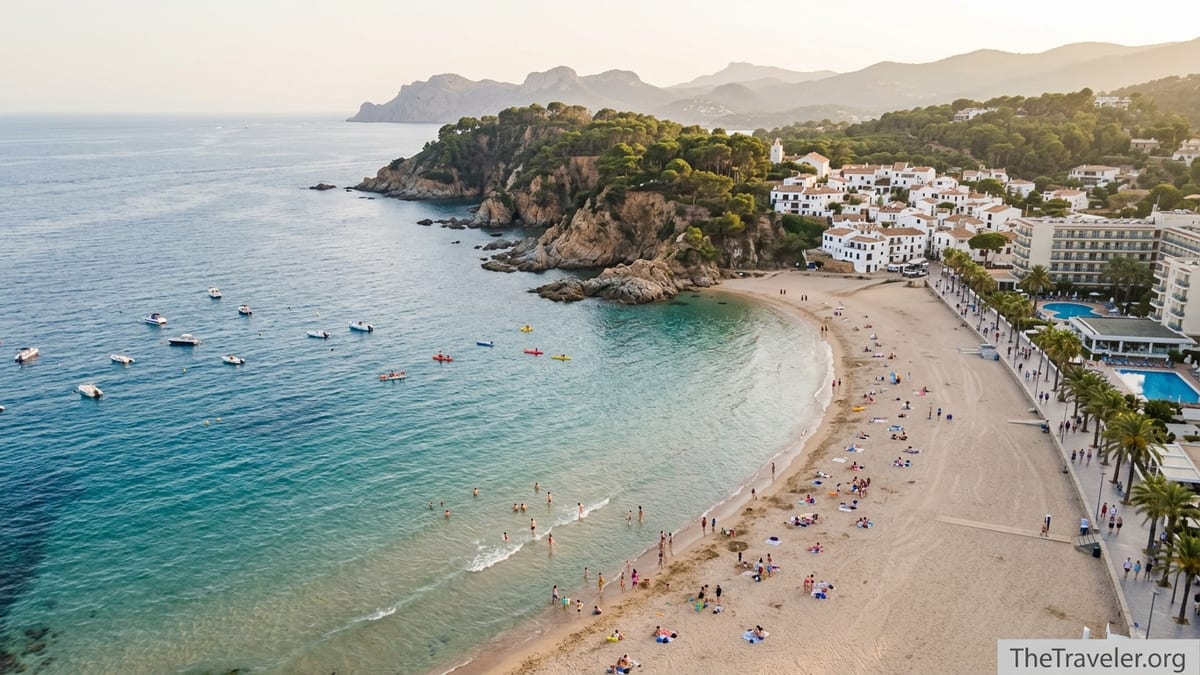 Aerial view of a Spanish coastal beach with family resort and quiet cove at sunset.