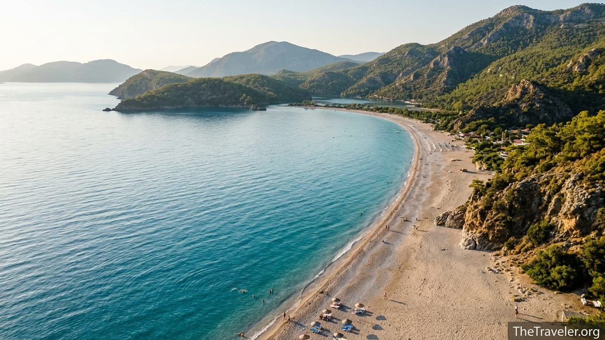Aerial view of Turkish Riviera beach with turquoise water, sandy and pebbly shore and mountains at sunset.