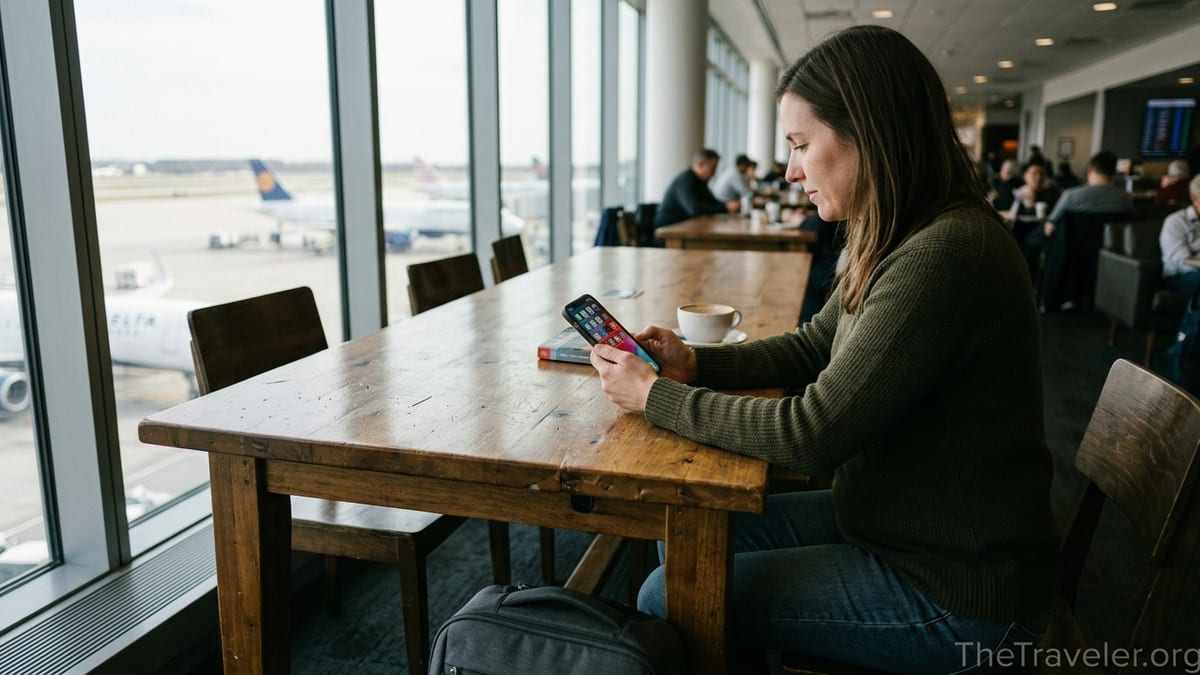 Traveler in an airport lounge using a smartphone to manage eSIM plans before a flight.