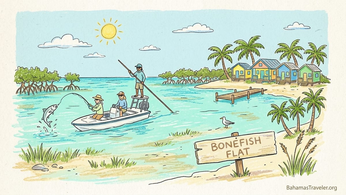 Guide and anglers rig fly rods beside a skiff on a shallow turquoise Bahamian flat at sunrise.