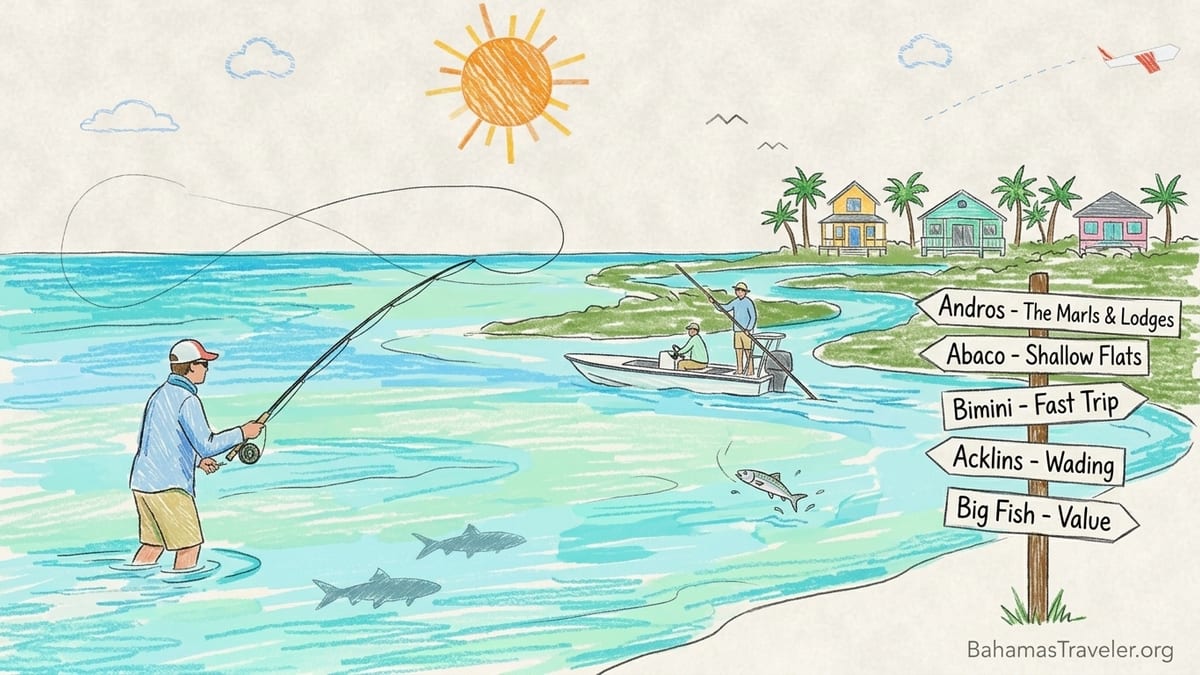 Fly angler on a Bahamas flats skiff at sunrise, guide poling across a turquoise bonefish flat near mangroves.