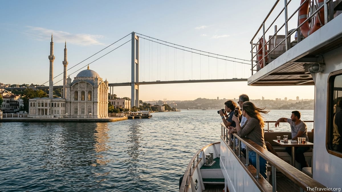 Small yacht cruising past Ortaköy Mosque and the Bosphorus Bridge at golden hour in Istanbul.