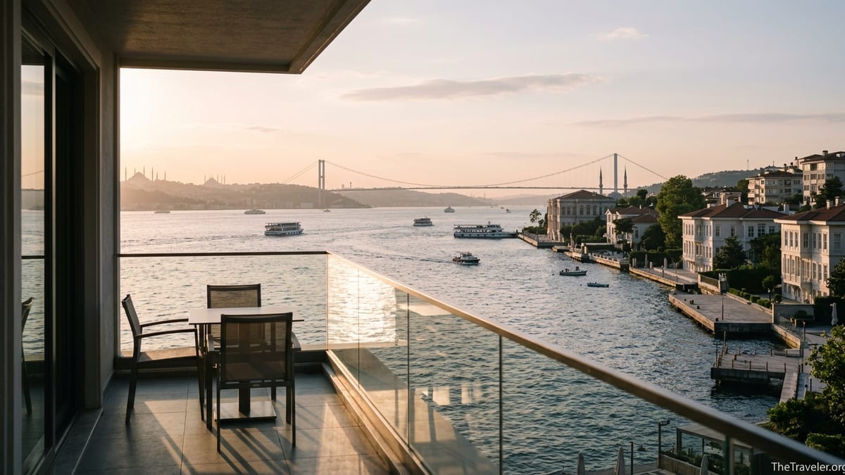 Balcony of a Bosphorus-front hotel in Istanbul overlooking boats and bridge at sunset