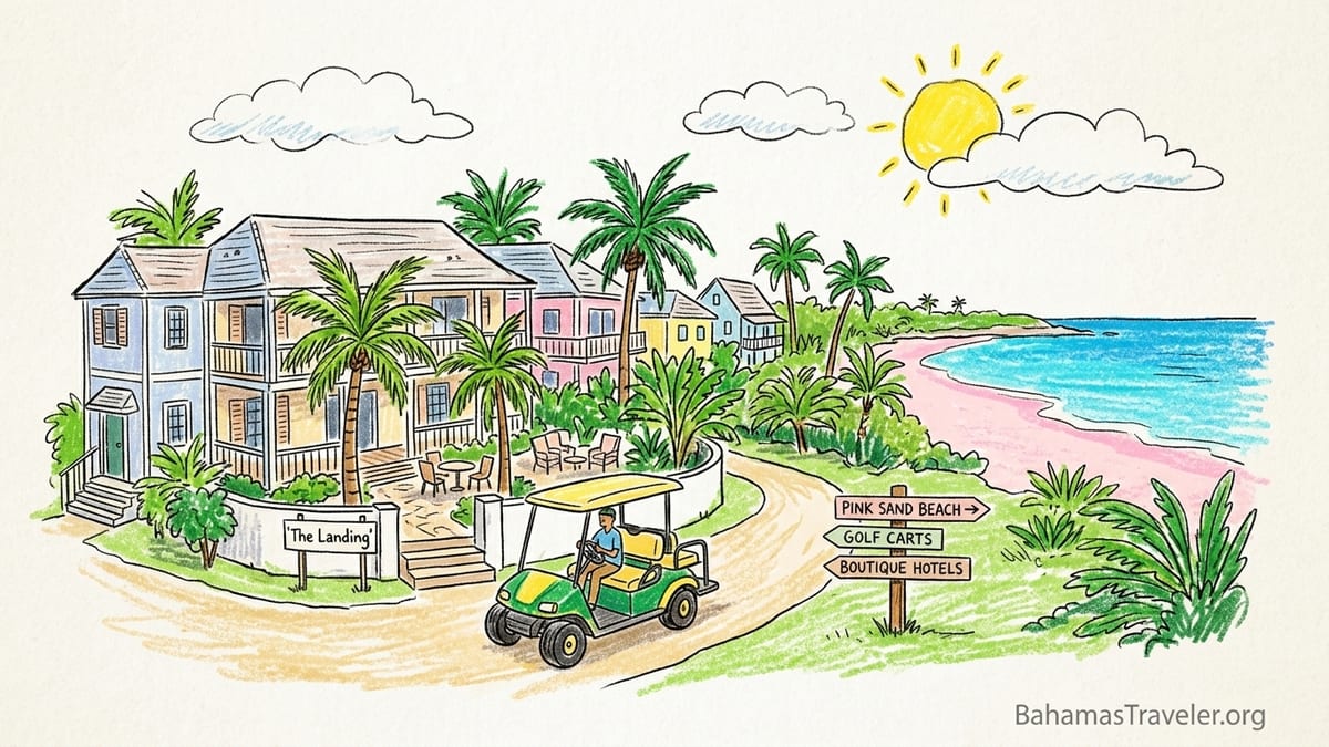 A small pastel Bahamian boutique inn near the beach with a shaded veranda and turquoise water in the distance.
