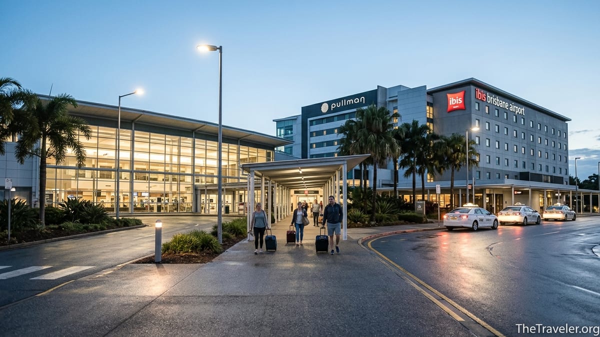 Early morning view of Brisbane Domestic Airport with nearby Pullman and ibis hotels and travellers walking between them.
