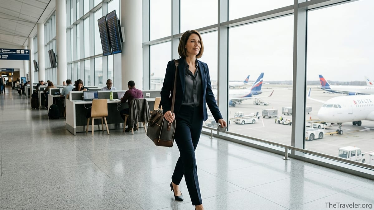 Business traveler holding a card walking through a bright airport terminal with planes outside.