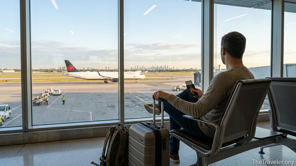 Canadian traveler holding passport and credit card in an airport lounge overlooking a runway.
