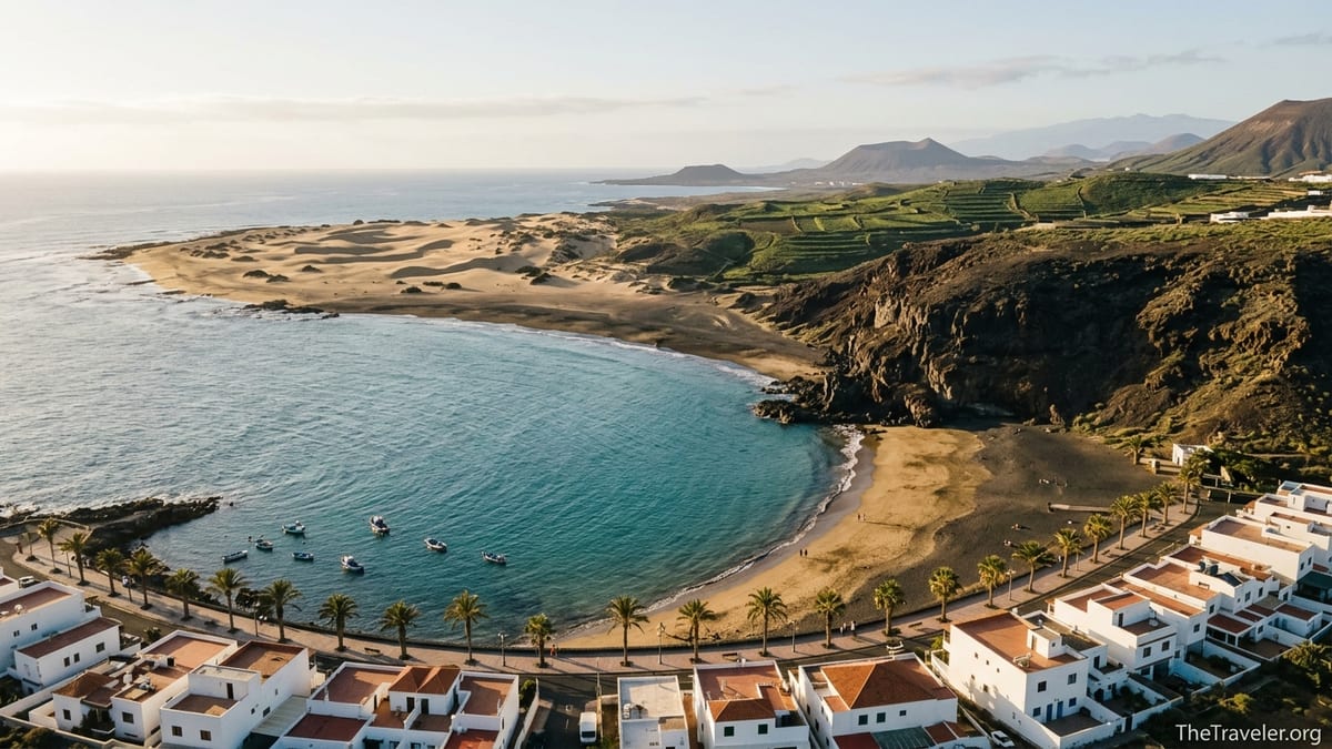 Aerial view of a Canary Islands beach, dunes, cliffs and resort town at golden hour.