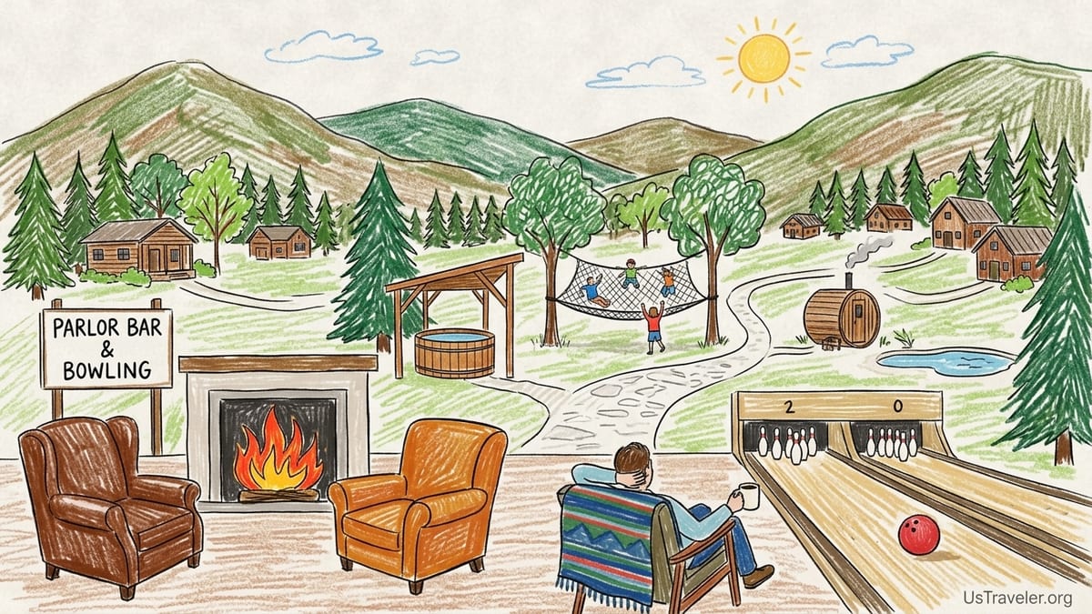 Modern Catskills mountain lodge at golden hour with warm lights, trees, and guests walking toward a fire pit.
