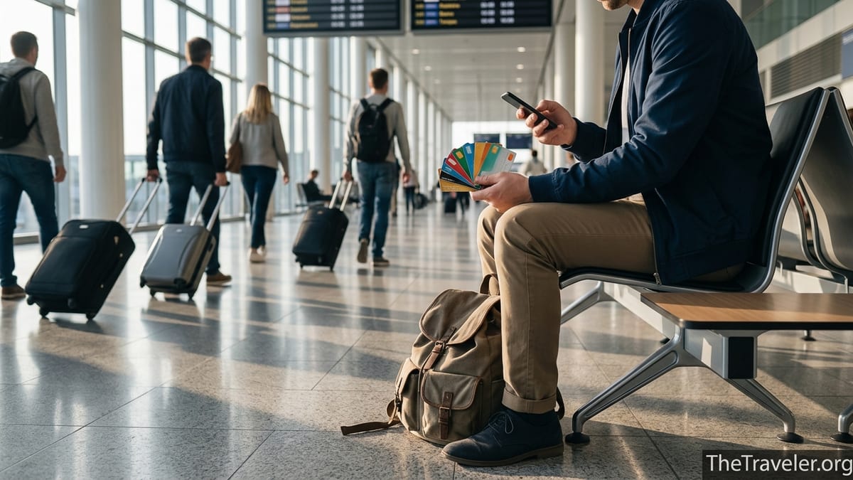 Traveller comparing several travel cards on a bench in a bright airport terminal.