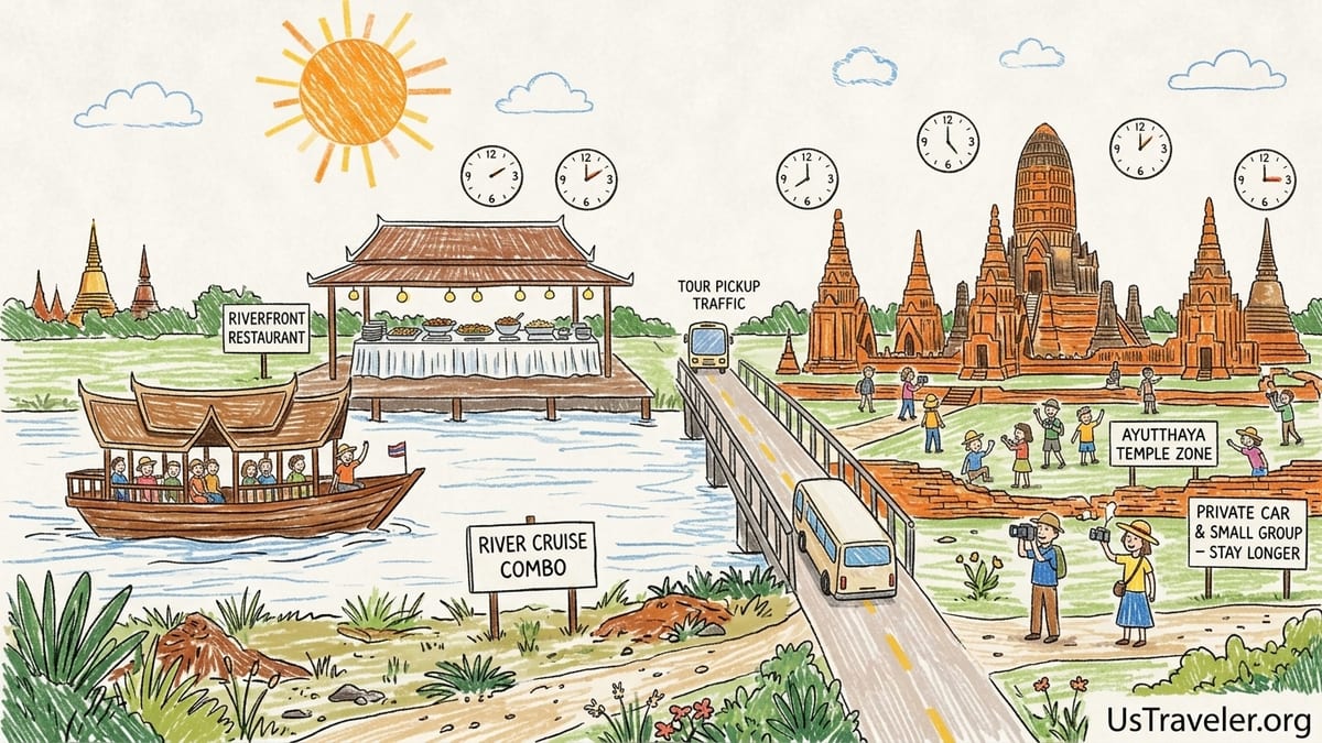 Long-tail boat on a river with Ayutthaya temple ruins in the background in soft morning light near Bangkok.