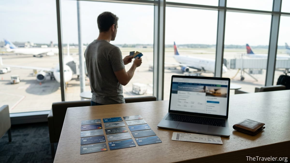 Traveler in an airport lounge comparing several credit cards before booking a trip.