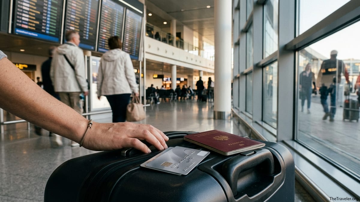 Traveler’s hand on suitcase with credit cards and passport in an airport terminal.