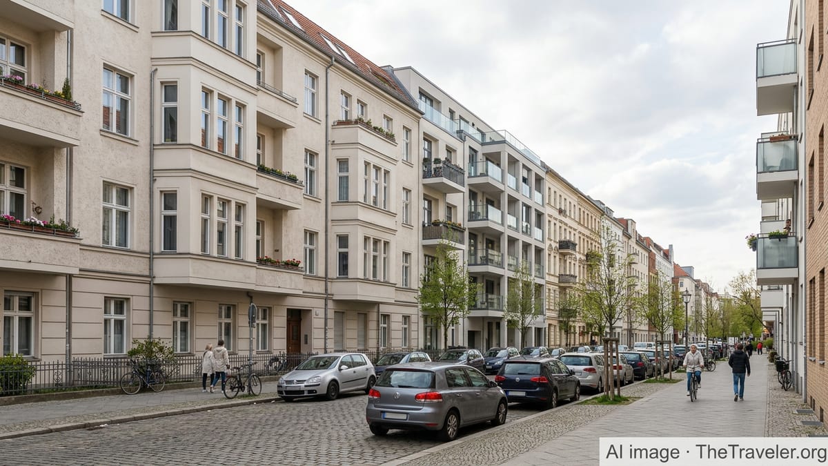 Residential street with typical German apartment buildings suitable for expat property buyers.