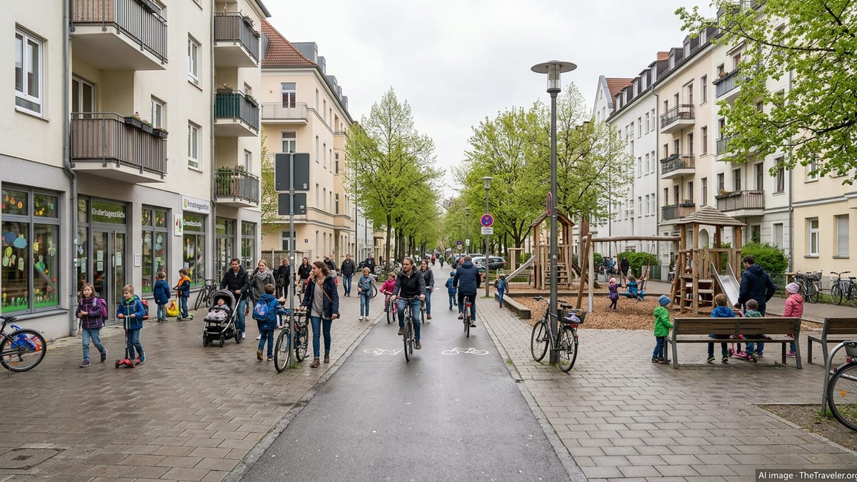 Parents and children walking and cycling on a green, family friendly street in a German city.