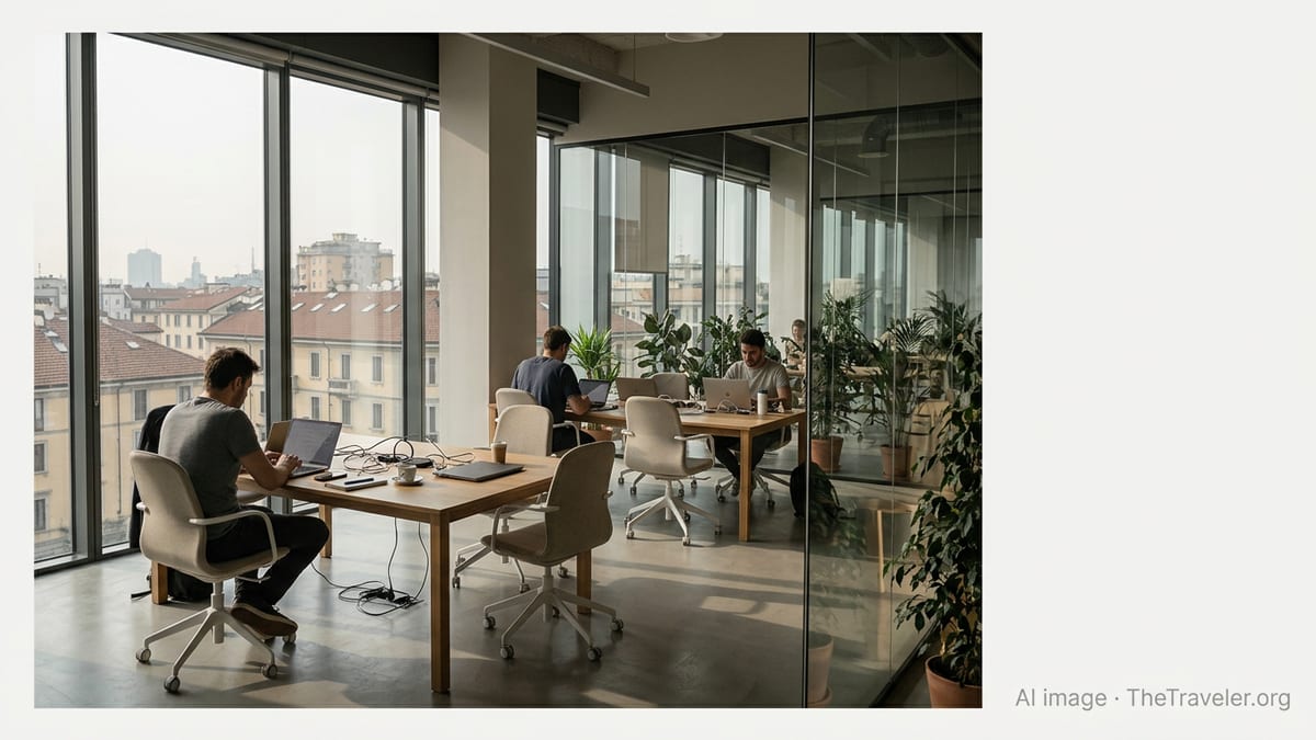 Remote workers using laptops in a bright Italian coworking space overlooking city rooftops.