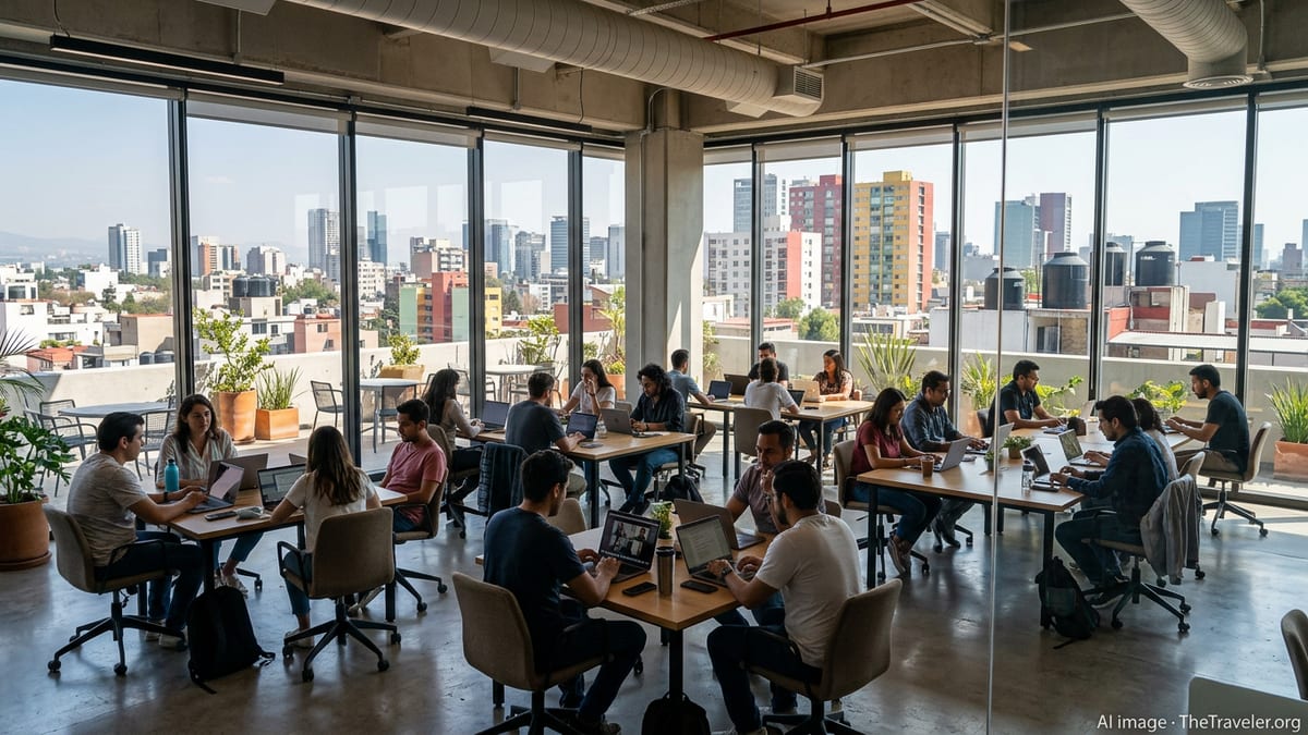Remote workers in a bright Mexico City coworking space overlooking the urban skyline.