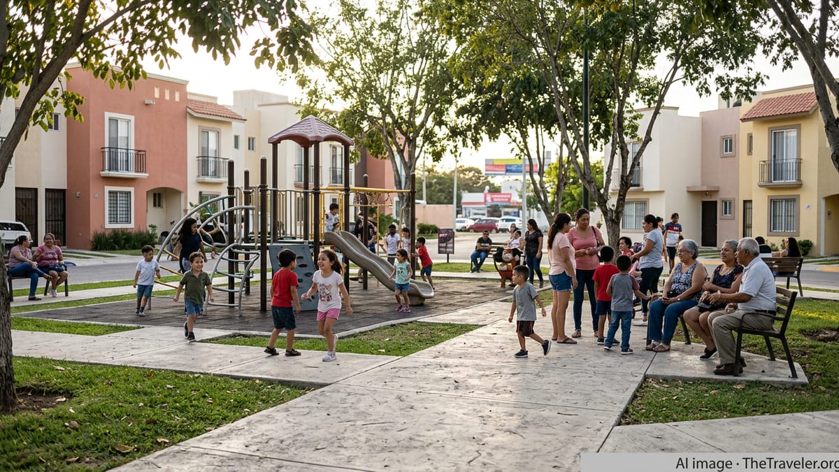 Families with children playing in a modern neighborhood park in a Mexican city at sunset.