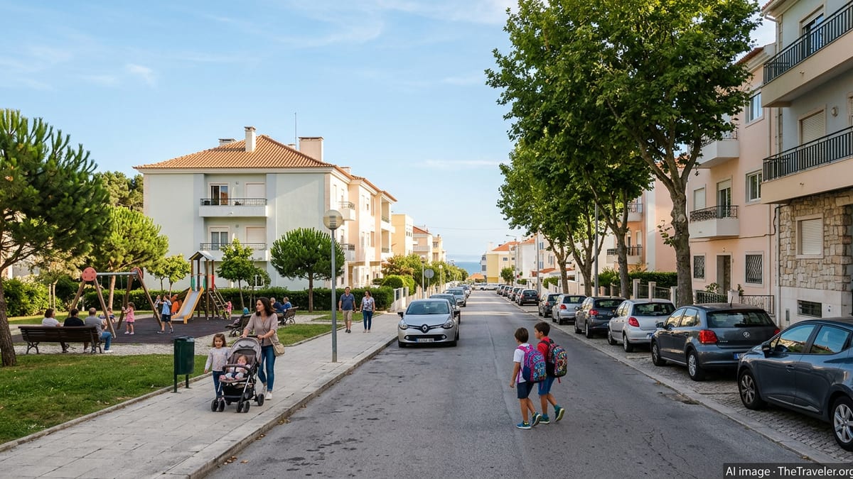 Family friendly residential street with children and parents near a park in coastal Portugal.