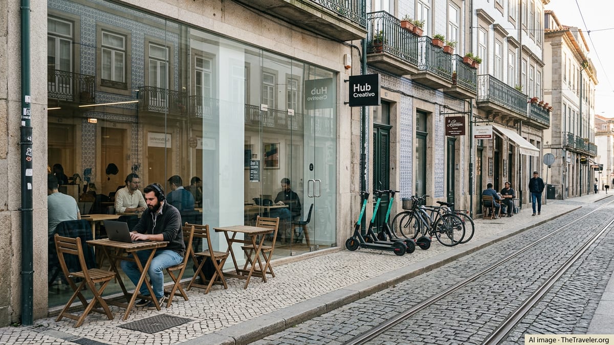 Remote workers using laptops at a coworking space in a Portuguese city street.