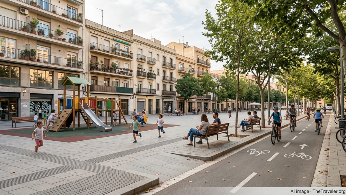 Families with children playing in a car-free Spanish city plaza with playground and trees.