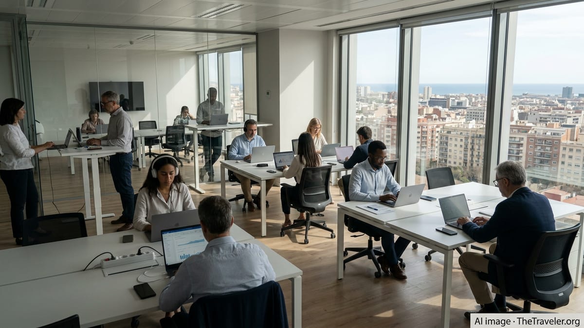Professionals working on laptops in a bright Barcelona coworking space overlooking the city.