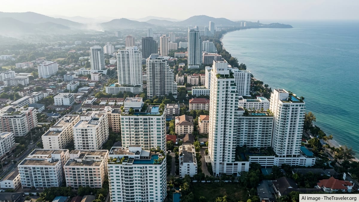 Aerial view of Thai coastal city with condominium towers and sea in soft afternoon light