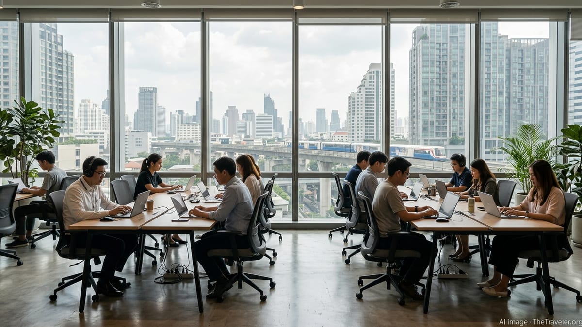 Professionals working on laptops in a modern Bangkok coworking space overlooking the city skyline.