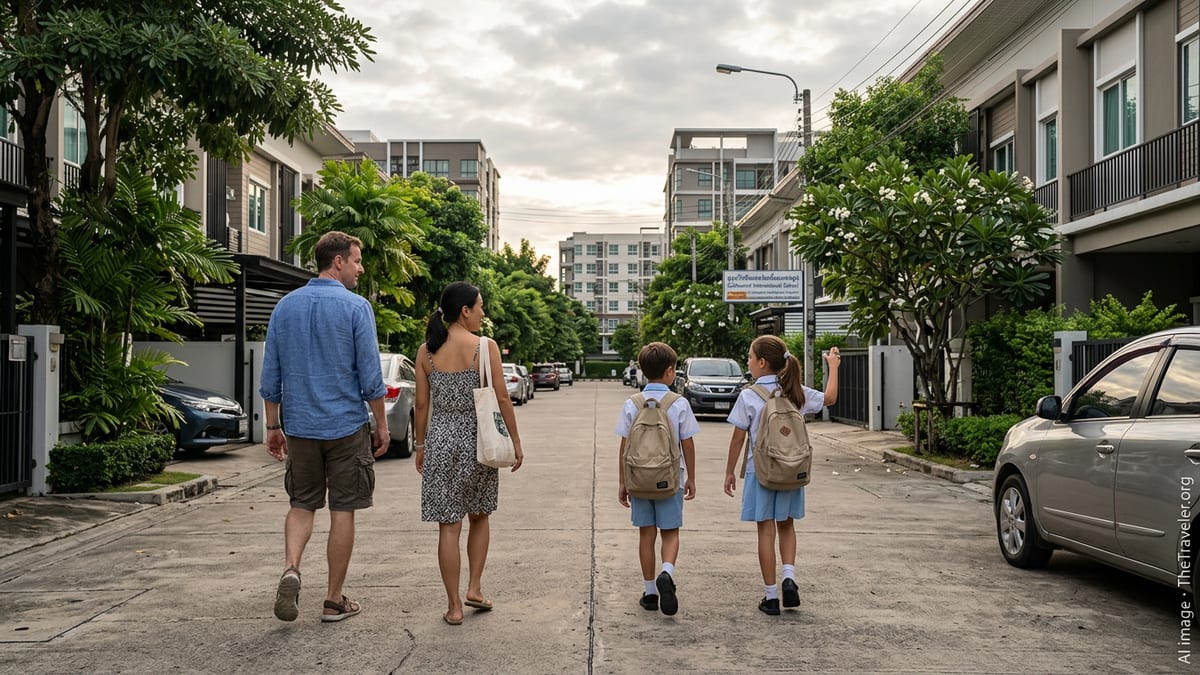 Family with children walking to school along a residential street in modern Bangkok.