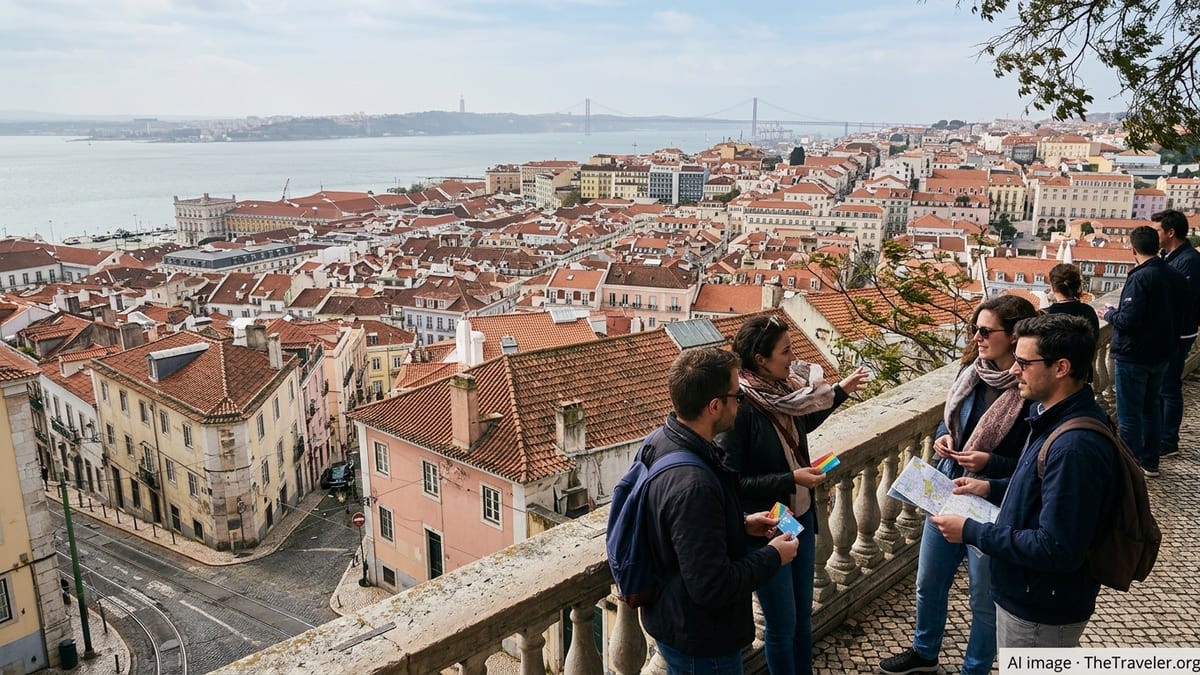 Travelers holding city passes overlooking Lisbon rooftops and the Tagus River.