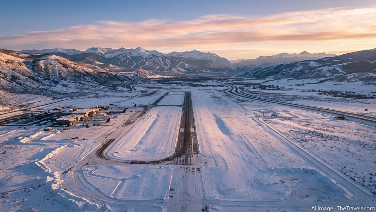 Aerial winter view of a Colorado mountain airport surrounded by snowy peaks and ski slopes.