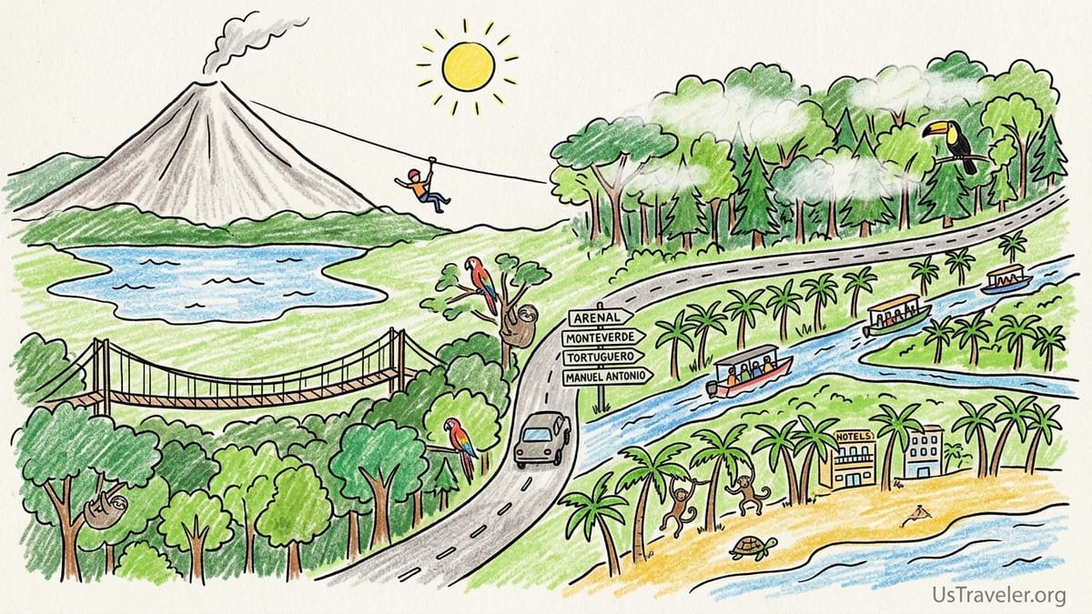 Travelers on a hanging bridge in Costa Rica’s cloud forest with distant volcano views