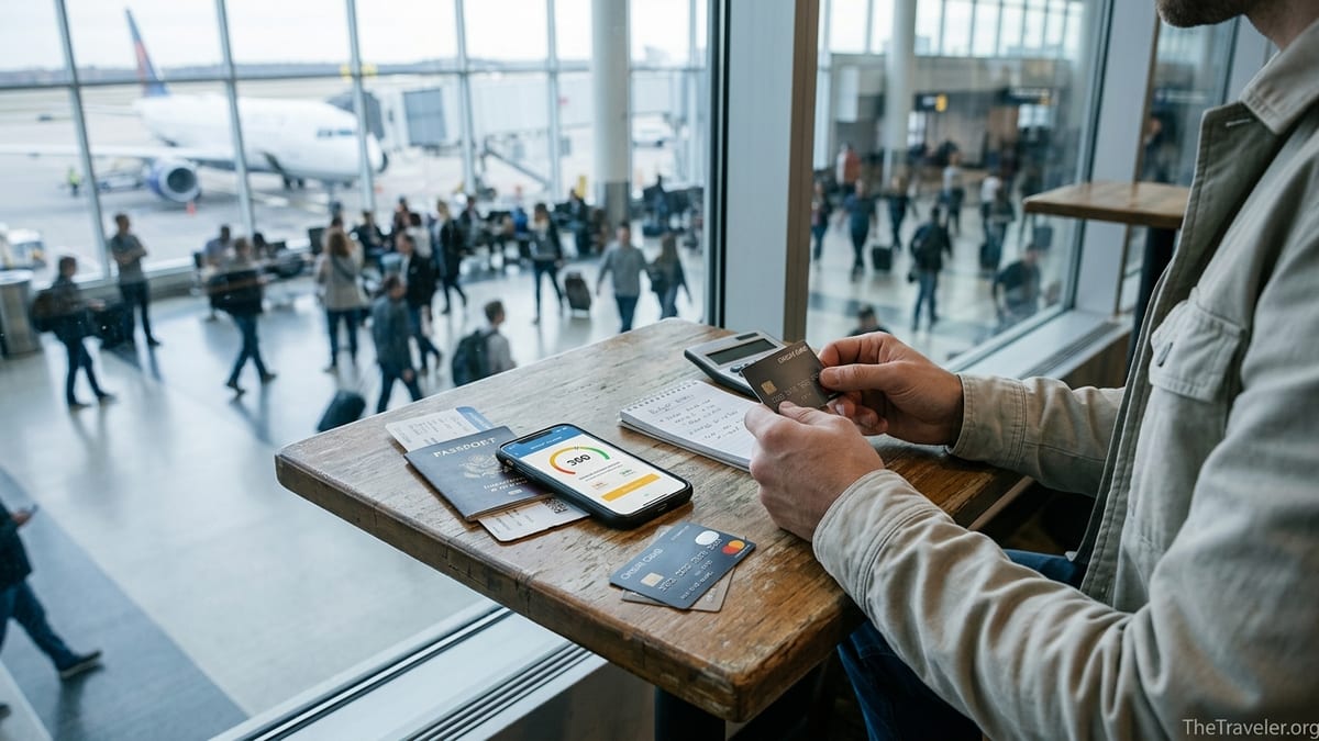 Traveler at airport table checking credit score app and secured card before a flight.